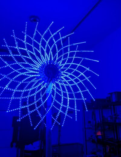 A blue and white custom designed LED Snowflake for the Magical Lights of Lincoln family produced Christmas lights show at the Lancaster Event Center