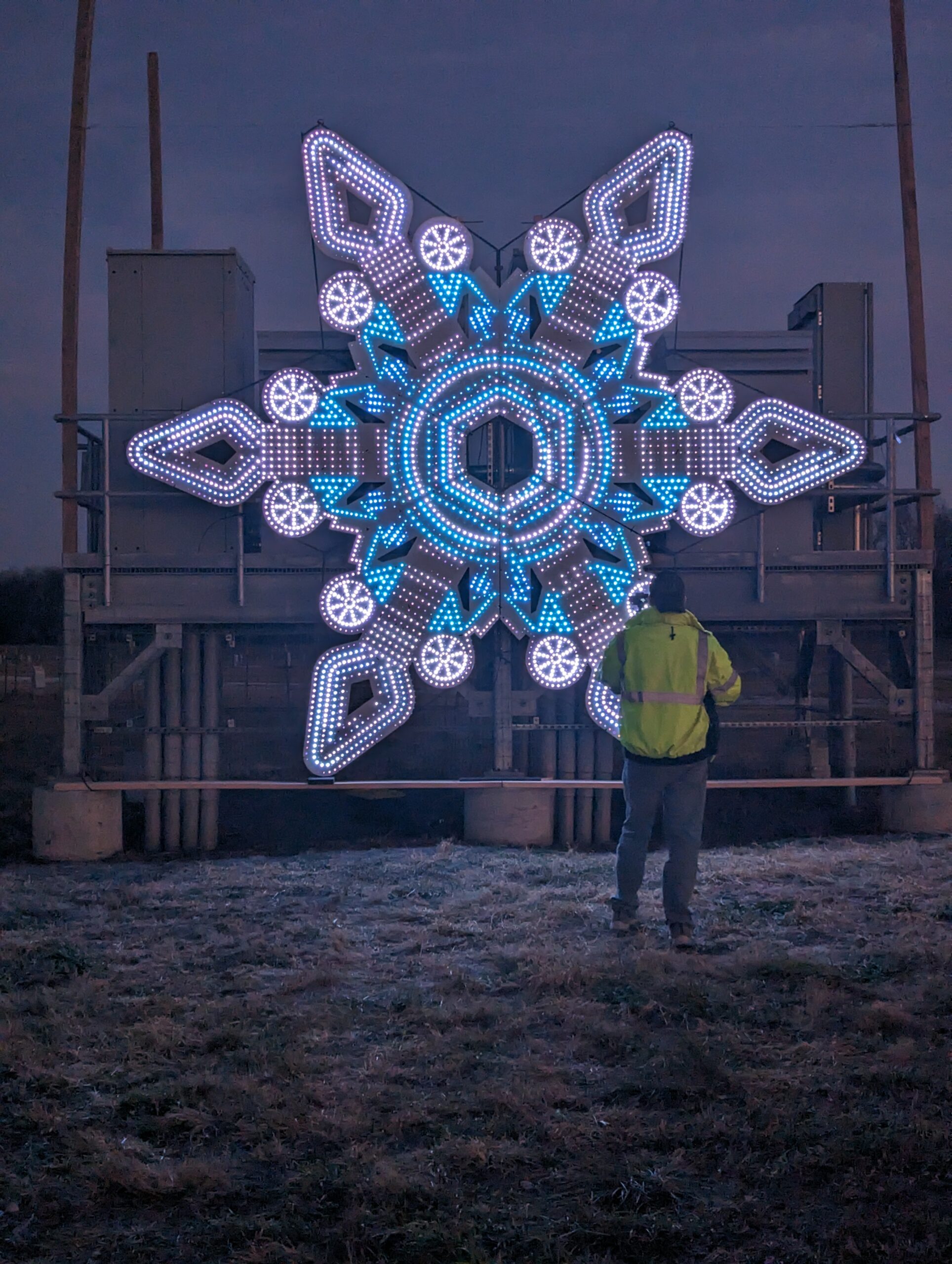 Large blue and white snowflake light display for the Magical Lights of Lincoln family produced Christmas lights show
