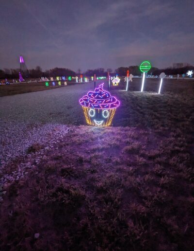You are greeted by these animated Singing Cupcake Lights the Magical Lights of Lincoln family produced Christmas lights show at the Lancaster Event Center